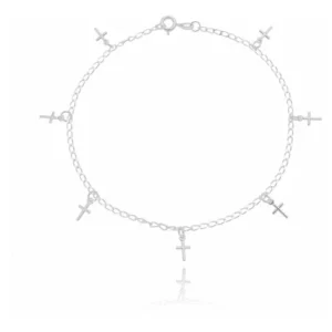 Tornozeleira De Prata com Pingentes De Cruz