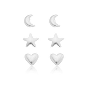 Brinco De Prata Trio Coração Lua Estrela