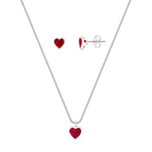 Conjunto De Prata Coração Zircônia Embutido Vermelho
